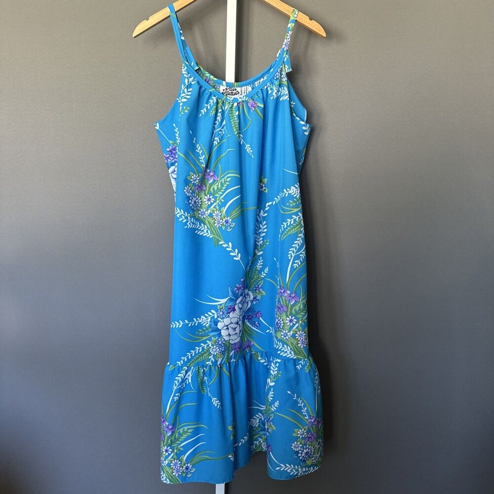 Vintage 80s Hilo Hattie’s Dress Women's Size M/L Blue Tropical Hawaiian Sundress